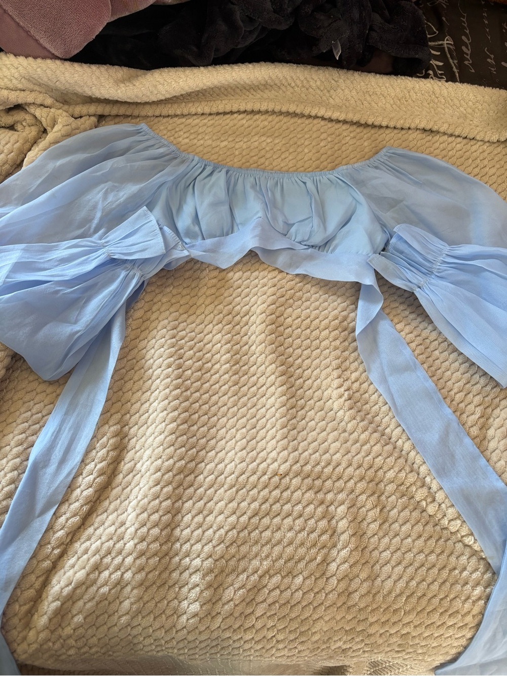 SHEIN Baby Blue Off-Shoulder Puff Sleeve Tie Crop Top